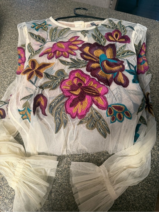 Anthropologie Tops - ANTHROPOLOGIE- Embroidered Floral Sheer Blouse in Cream with Pink & Teal Accents
